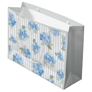 Elegant Blue Hydrangea Pattern Grey Stripe Large Gift Bag