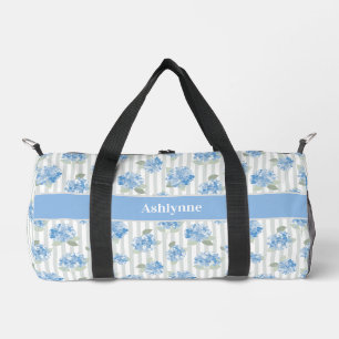 Elegant Blue Hydrangea Pattern Grey Stripe Name Duffle Bag