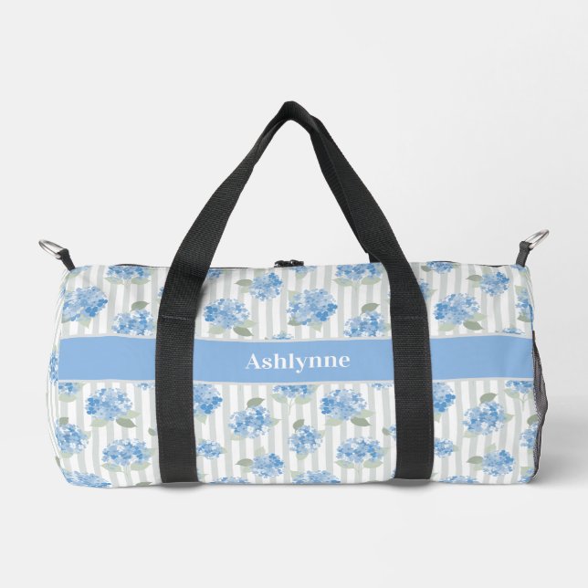 Elegant Blue Hydrangea Pattern Grey Stripe Name Duffle Bag (Front)