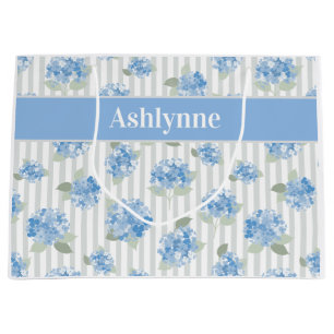 Elegant Blue Hydrangea Pattern Grey Stripe Name Large Gift Bag