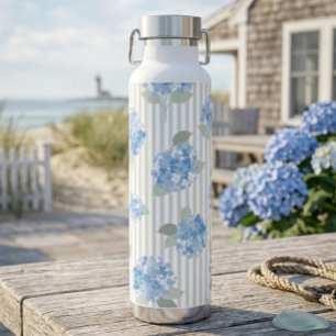 Elegant Blue Hydrangea Pattern Grey Stripe Water Bottle