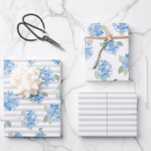 Elegant Blue Hydrangea Pattern Grey Stripe  Wrapping Paper Sheet