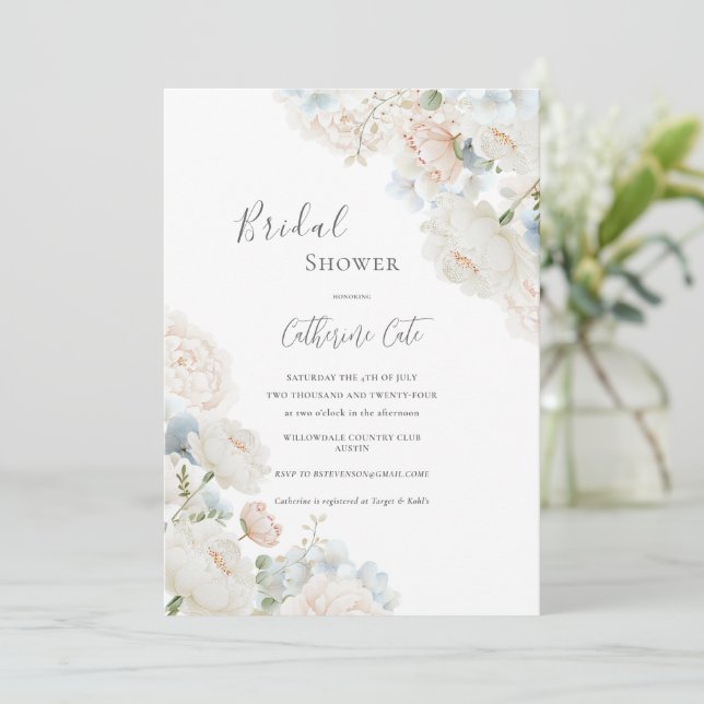 Elegant Blue Hydrangea Peonies Bridal Shower  Invitation (Standing Front)