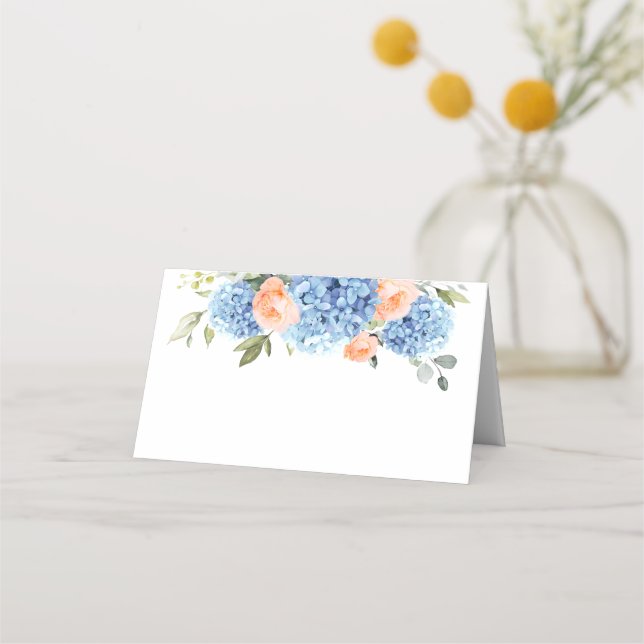 Elegant Blue Hydrangea Pink Blush Roses Place Card (Front)