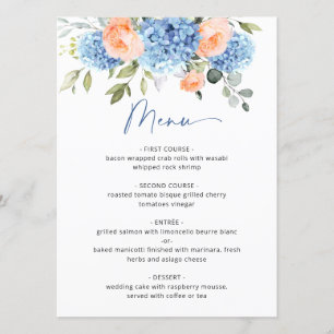 Elegant Blue Hydrangea Pink Blush Roses Wedding Menu