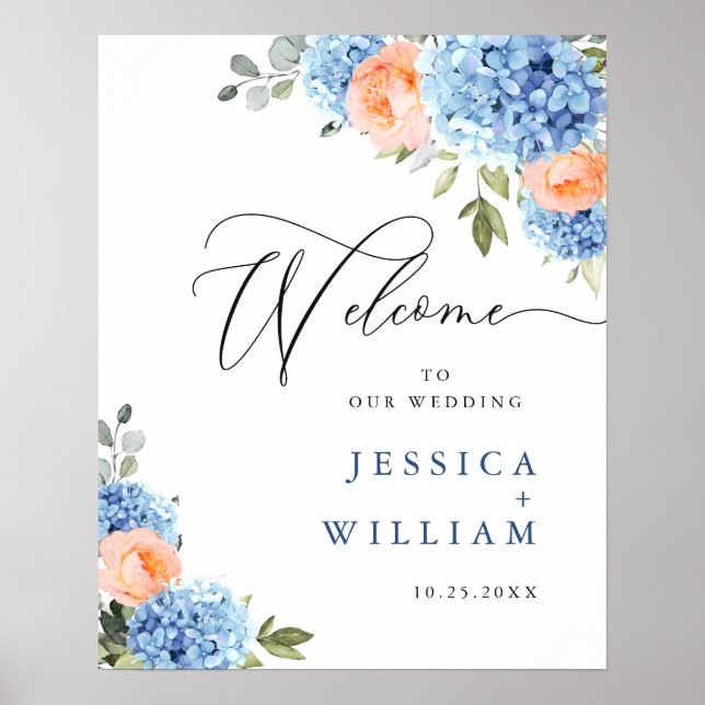 Elegant Blue Hydrangea Pink Blush Roses Wedding Poster (Front)