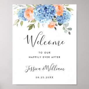Elegant Blue Hydrangea Pink Blush Roses Wedding Poster
