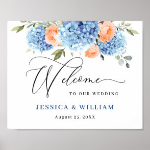 Elegant Blue Hydrangea Pink Blush Roses Wedding Poster
