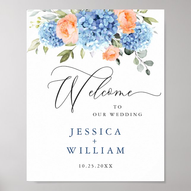 Elegant Blue Hydrangea Pink Blush Roses Wedding Poster (Front)