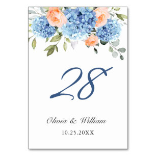 Elegant Blue Hydrangea Pink Blush Roses Wedding Table Number