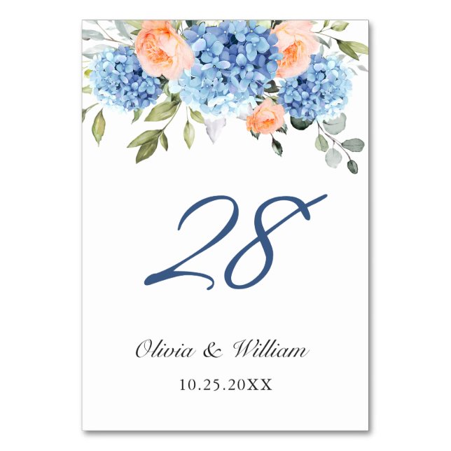 Elegant Blue Hydrangea Pink Blush Roses Wedding Table Number (Front)