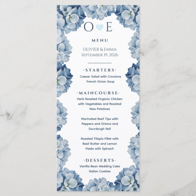 Elegant Blue Hydrangea Ribbon Wedding Menu (Front)