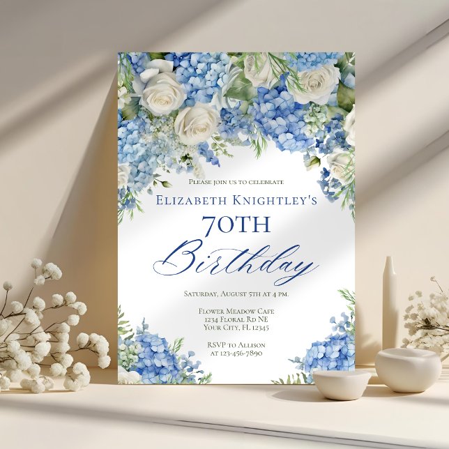 Elegant Blue Hydrangea Roses Garden Birthday Party Invitation (Creator Uploaded)