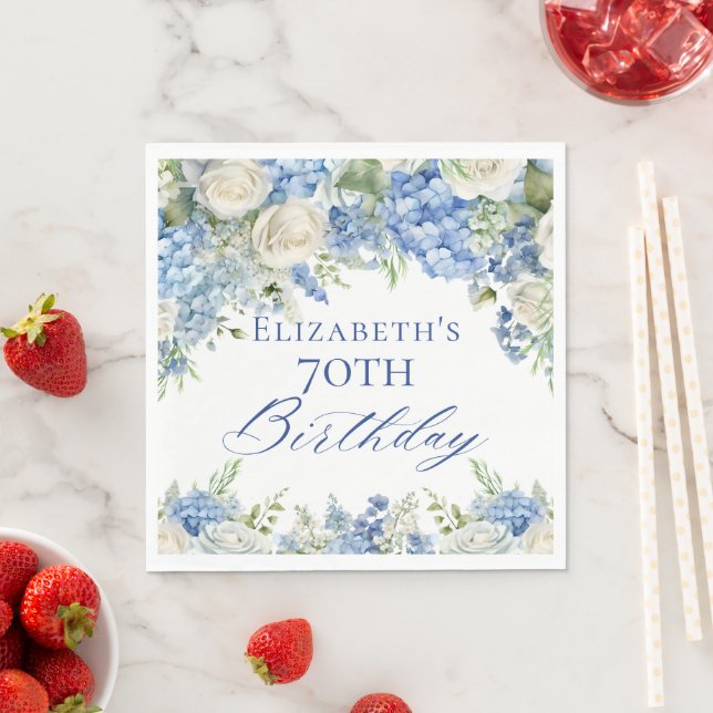 Elegant Blue Hydrangea Roses Garden Birthday Party Napkin (Insitu)