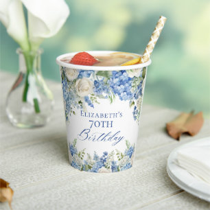 Elegant Blue Hydrangea Roses Garden Birthday Party Paper Cups