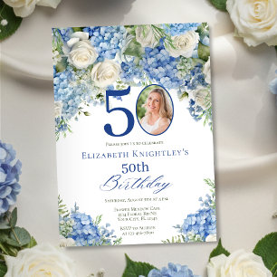 Elegant Blue Hydrangea Roses Photo Birthday Party Invitation