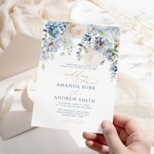 Elegant Blue Hydrangea & Roses Wedding Invitation