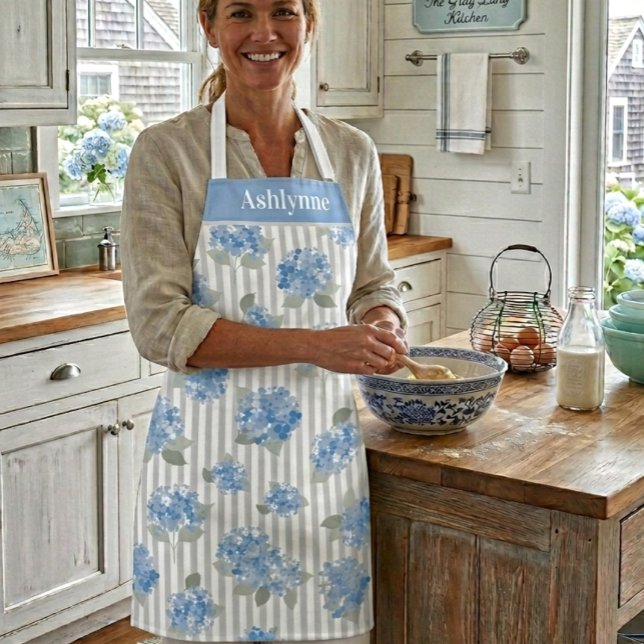 Elegant Blue Hydrangea Sage Green Gray Stripe Name Apron (Creator Uploaded)