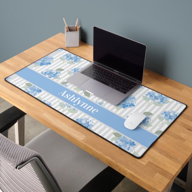 Elegant Blue Hydrangea Sage Green Gray Stripe Name Desk Mat (Office 2)