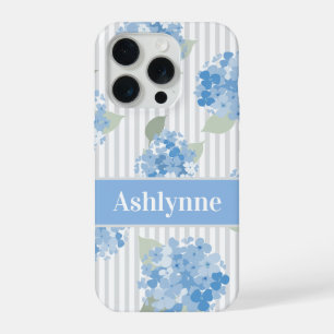 Elegant Blue Hydrangea Sage Green Gray Stripe Name iPhone 15 Pro Case