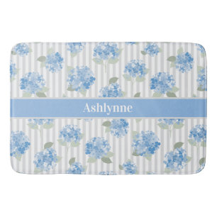 Elegant Blue Hydrangea Sage Green Grey Stripe Name Bath Mat
