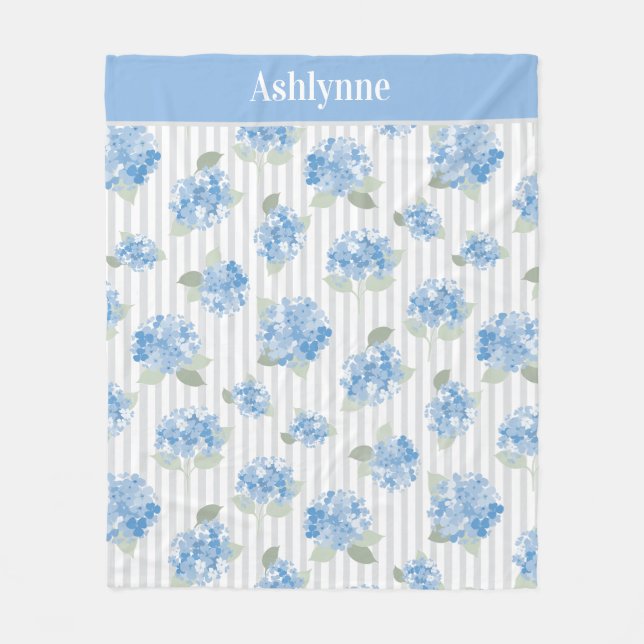 Elegant Blue Hydrangea Sage Green Grey Stripe Name Fleece Blanket (Front)