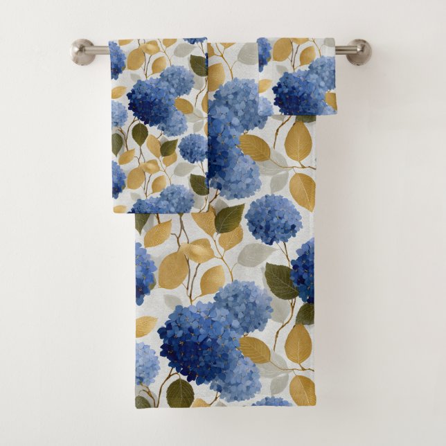  Elegant Blue Hydrangea Seamless Pattern Bath Towel Set (Insitu)