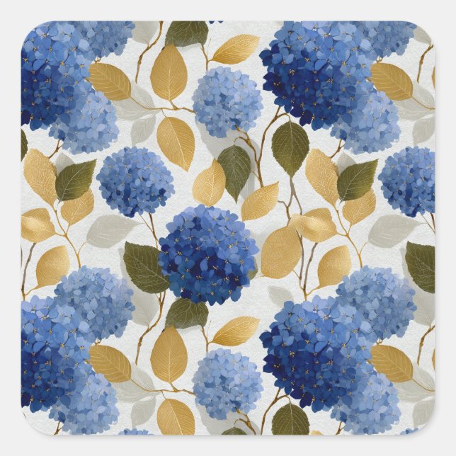  Elegant Blue Hydrangea Seamless Pattern Square Sticker (Front)