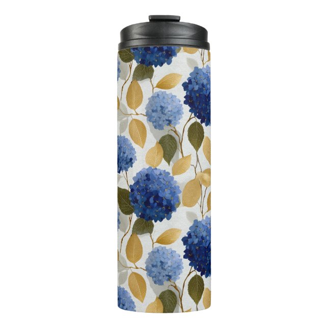  Elegant Blue Hydrangea Seamless Pattern Thermal Tumbler (Front)
