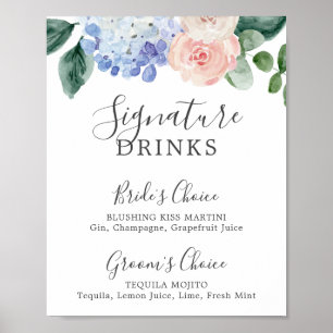 Elegant Blue Hydrangea Signature Drinks Sign