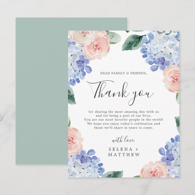 Elegant Blue Hydrangea Thank You Reception Card (Front/Back)