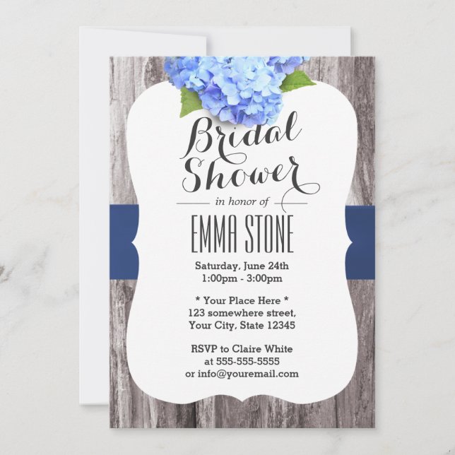 Elegant Blue Hydrangea Vintage Wood Bridal Shower Invitation (Front)