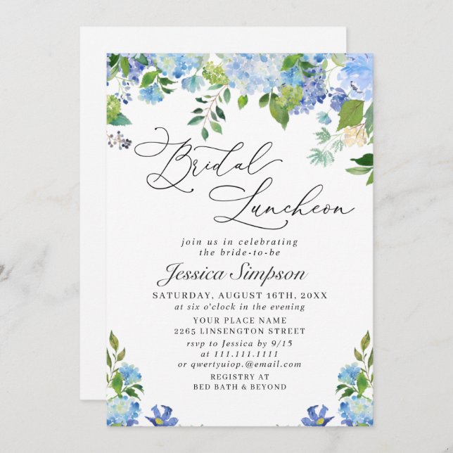 Elegant Blue Hydrangea Watercolor Bridal Luncheon Invitation (Front/Back)