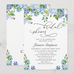 Elegant Blue Hydrangea Watercolor Bridal Shower Invitation