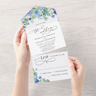 Elegant Blue Hydrangea Watercolor Greenery Wedding All In One Invitation