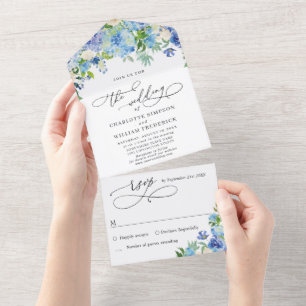 Elegant Blue Hydrangea Watercolor Greenery Wedding All In One Invitation