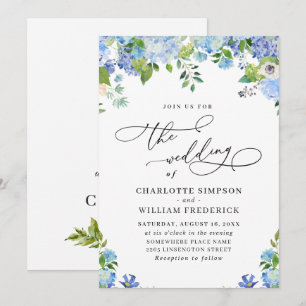 Elegant Blue Hydrangea Watercolor Greenery Wedding Invitation