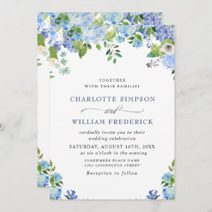 Elegant Blue Hydrangea Watercolor Greenery Wedding Invitation