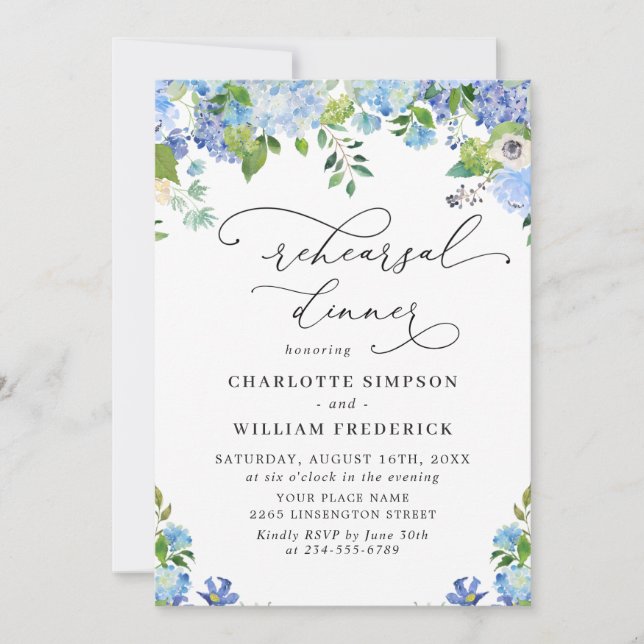 Elegant Blue Hydrangea Watercolor REHEARSAL DINNER Invitation (Front)