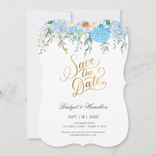 Elegant Blue Hydrangea Watercolor Save the date (Front)