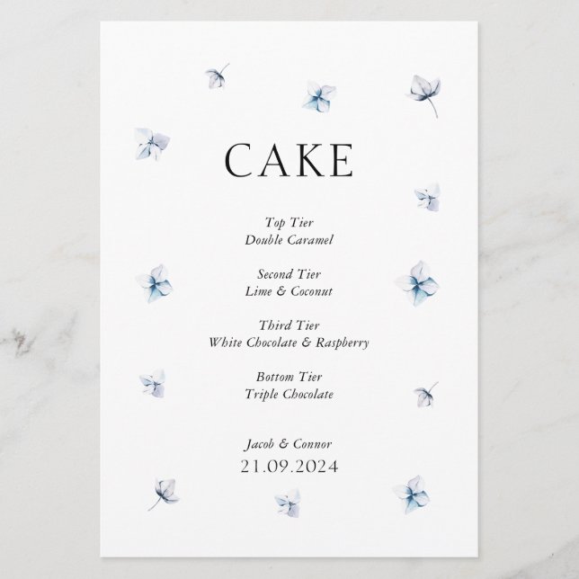Elegant Blue Hydrangea Wedding Cake Sign Invitation (Front)