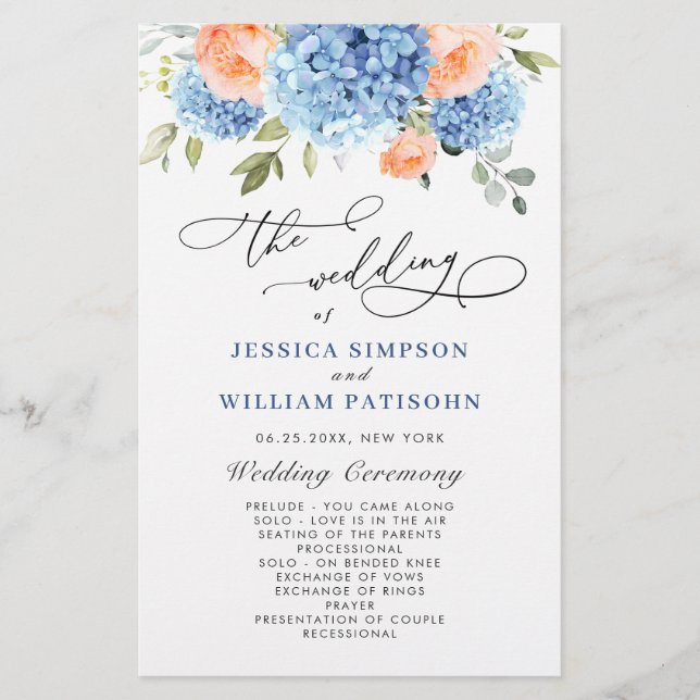 Elegant Blue Hydrangea Wedding Ceremony Program (Front)