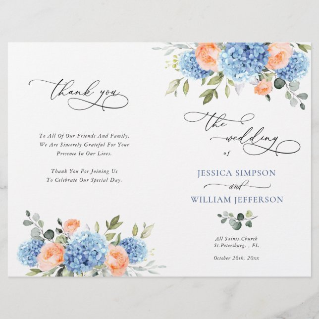 Elegant Blue Hydrangea Wedding Ceremony Program (Front)