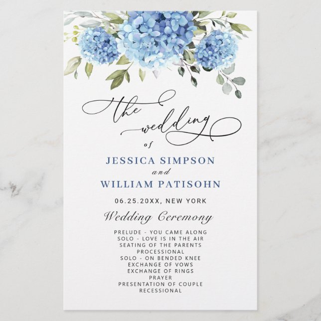 Elegant Blue Hydrangea Wedding Ceremony Program (Front)