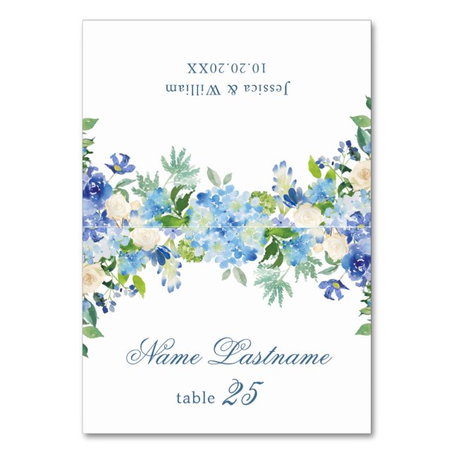 Elegant Blue Hydrangea Wedding Escort Card (Front)