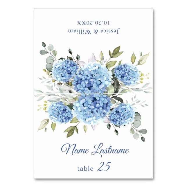 Elegant Blue Hydrangea Wedding Escort Card (Front)