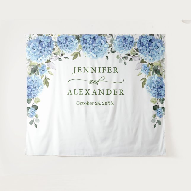 Elegant Blue Hydrangea Wedding Photo Backdrop Tapestry (Front (Horizontal))