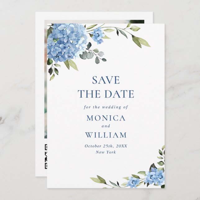 Elegant Blue Hydrangea Wedding QR code Photo Save The Date (Front/Back)