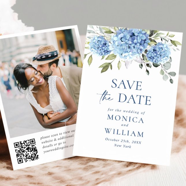 Elegant Blue Hydrangea Wedding QR code Photo Save The Date (Creator Uploaded)
