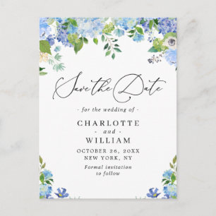 Elegant Blue Hydrangea Wedding QR Save the Date Postcard